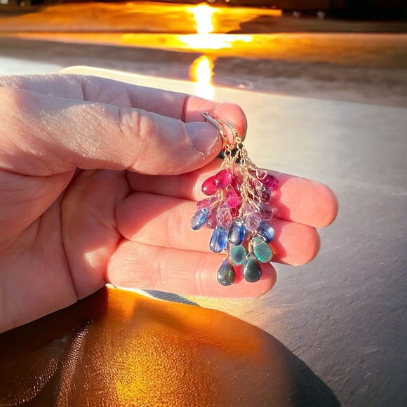 Natural Rainbow Gemstone: Opal Tourmaline Ruby Earrings in Solid 18K Rose Gold - Picture 3 of 15